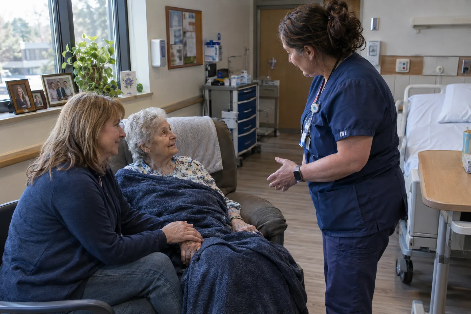 A daughter holds her mother’s hand in a resident room while a nurse talks with them.