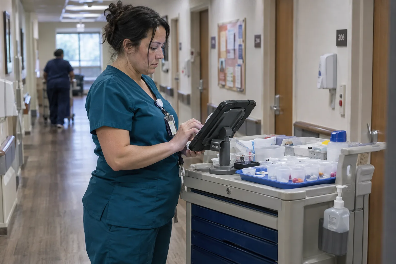 A nurse checks a tablet on a medication cart in a skilled nursing hallway.