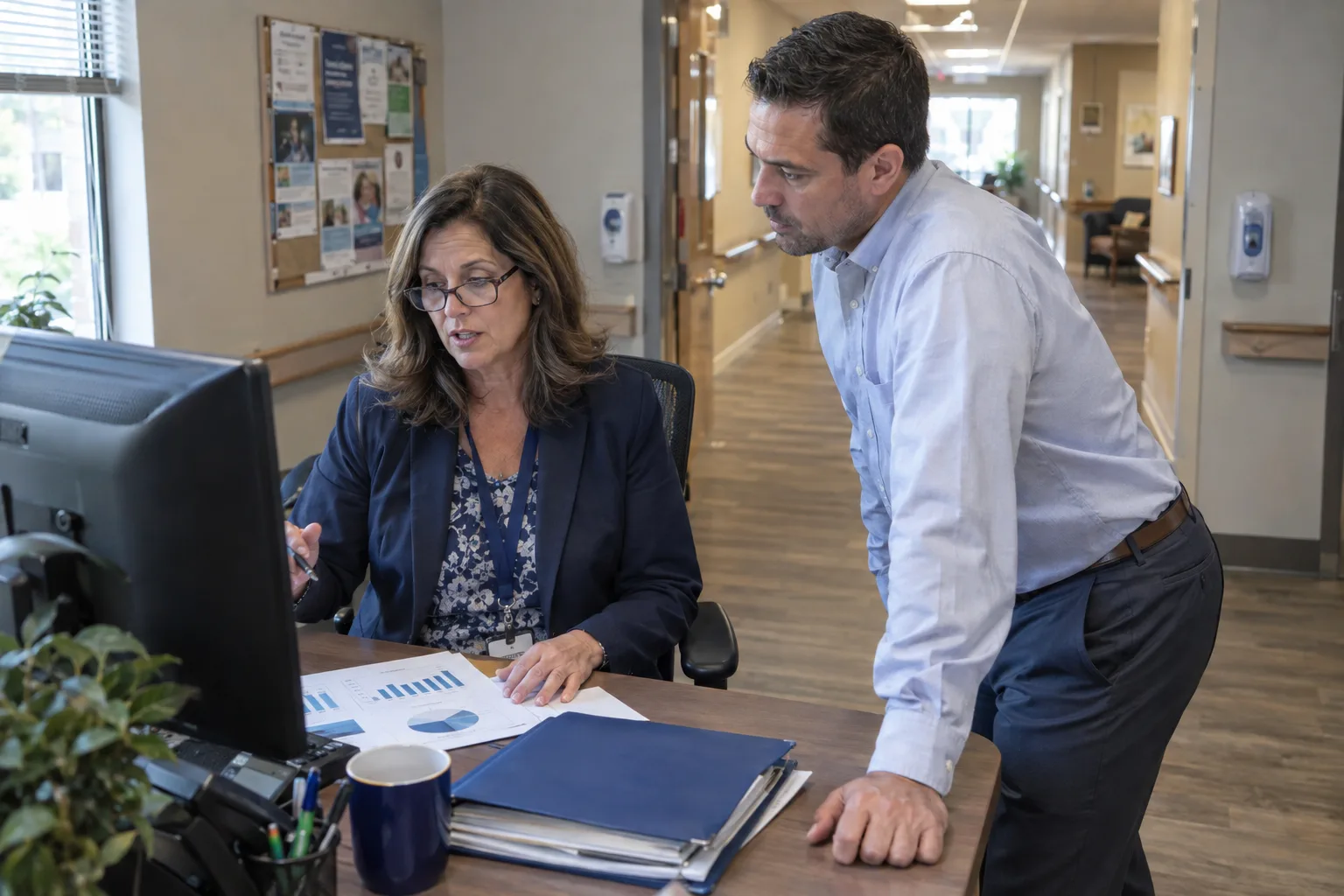 A quality leader and an administrator review quality information together in a facility office.