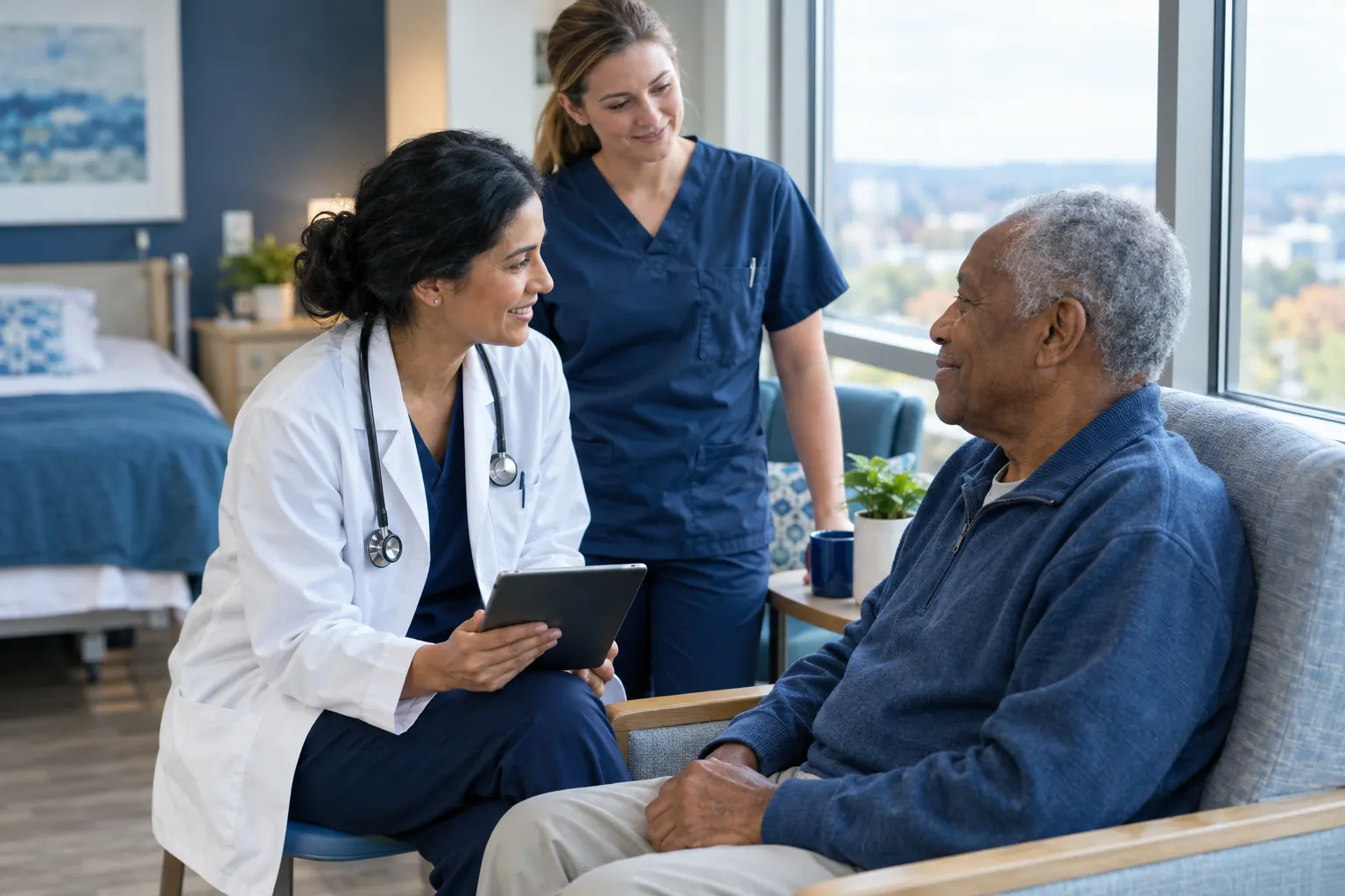 A physician holding a tablet talks warmly with an older resident by a window.