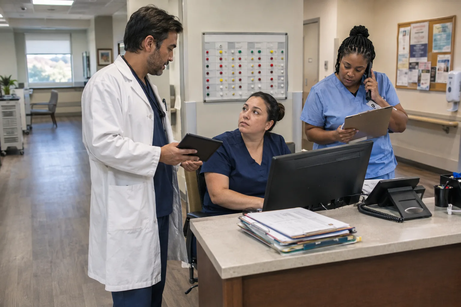 A physician in a lab coat confers with two nurses about a resident at a skilled nursing nurses’ station.