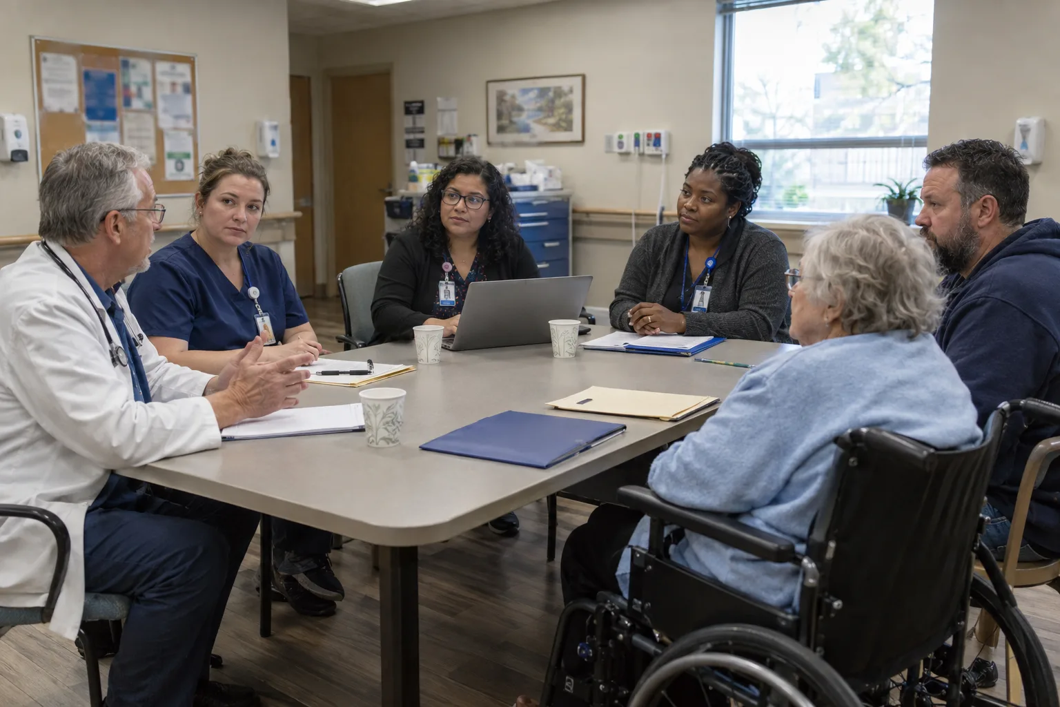 A physician, nurse, MDS coordinator, and social worker meet with a resident and her son during a care plan conference.