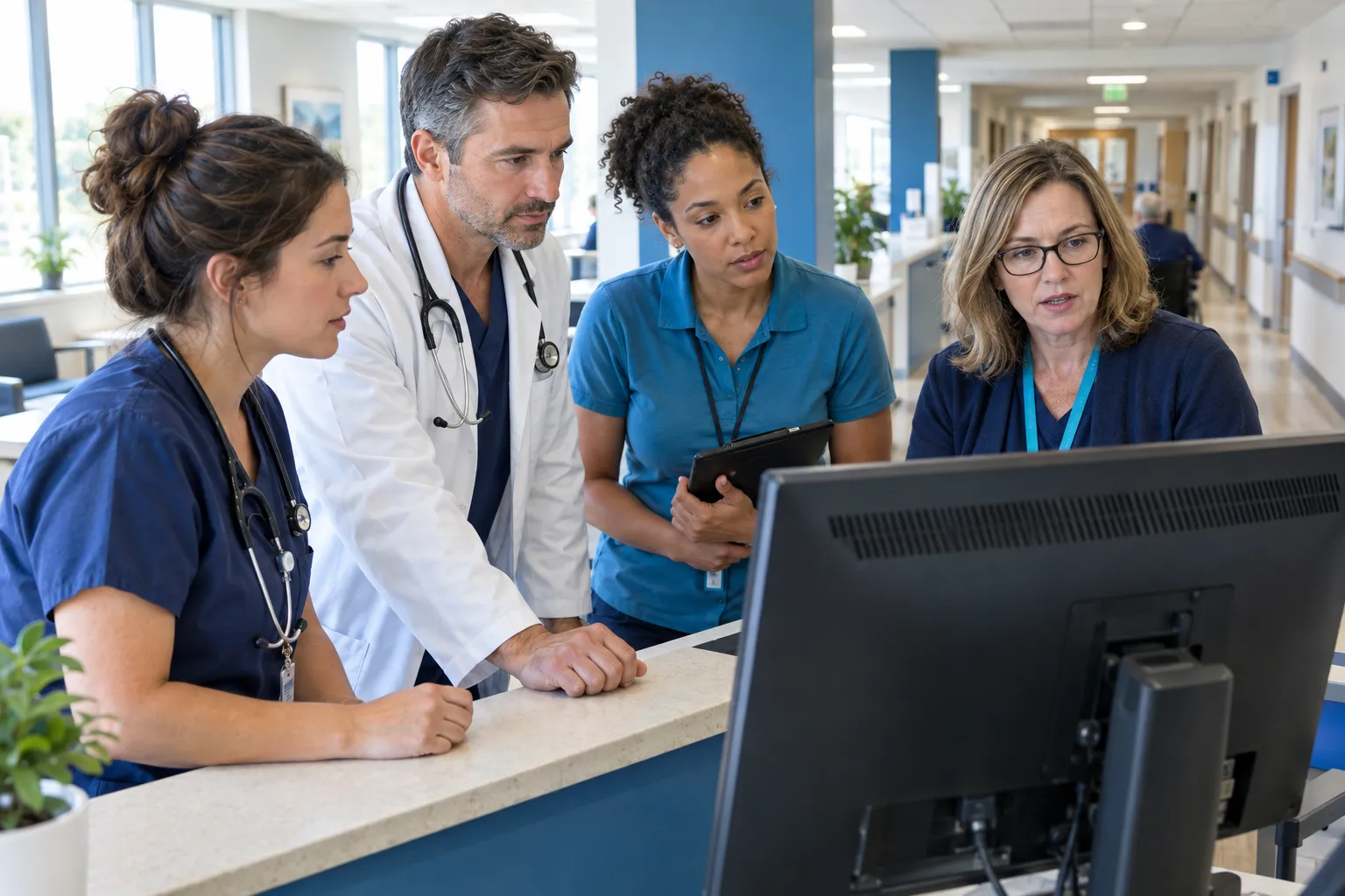 A nurse, physician, therapist, and care coordinator review information together at a skilled nursing nurses’ station.